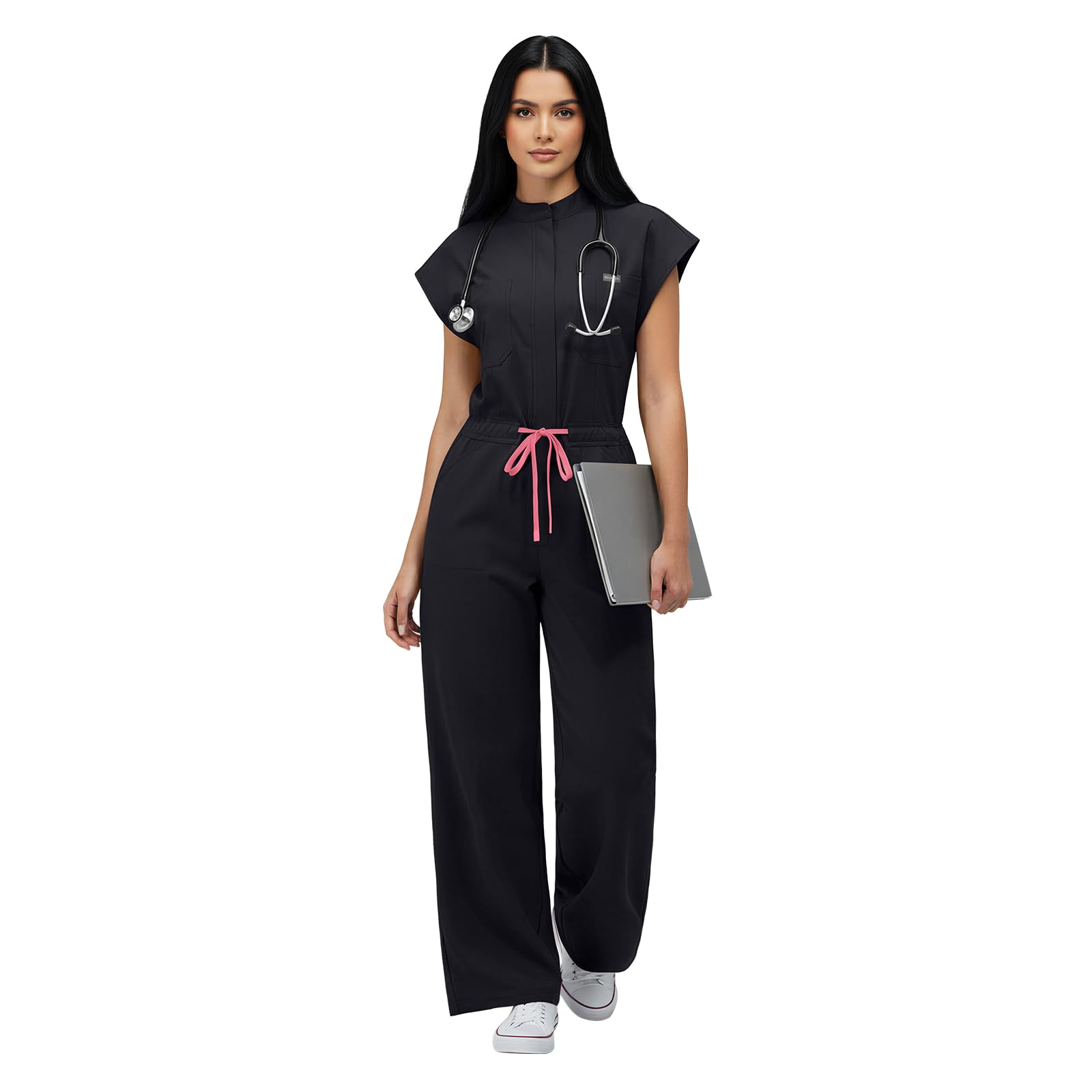 VIAOLI One-Piece Medical Scrub Jumpsuit for Women, Nursing Uniform with Hidden Zipper Front, Elastic Drawstring Waist