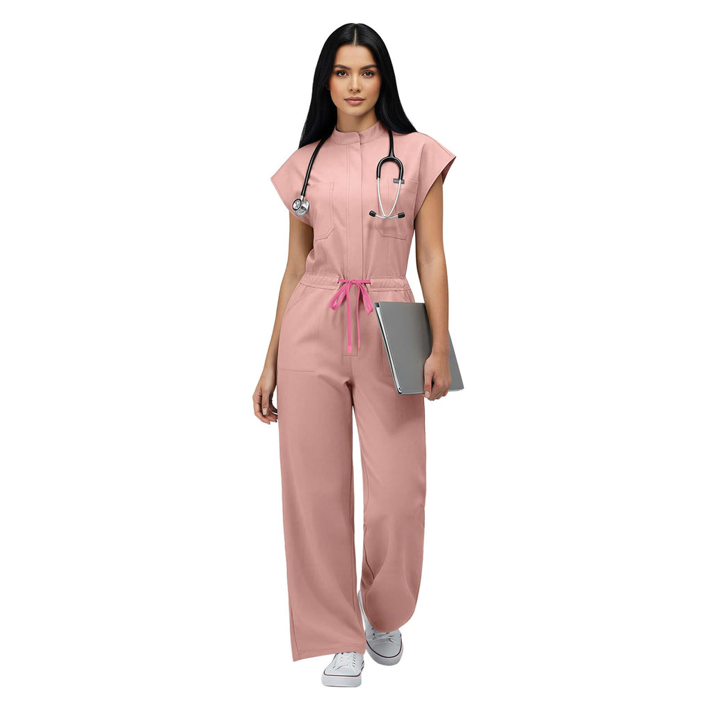 VIAOLI One-Piece Medical Scrub Jumpsuit for Women, Nursing Uniform with Hidden Zipper Front, Elastic Drawstring Waist