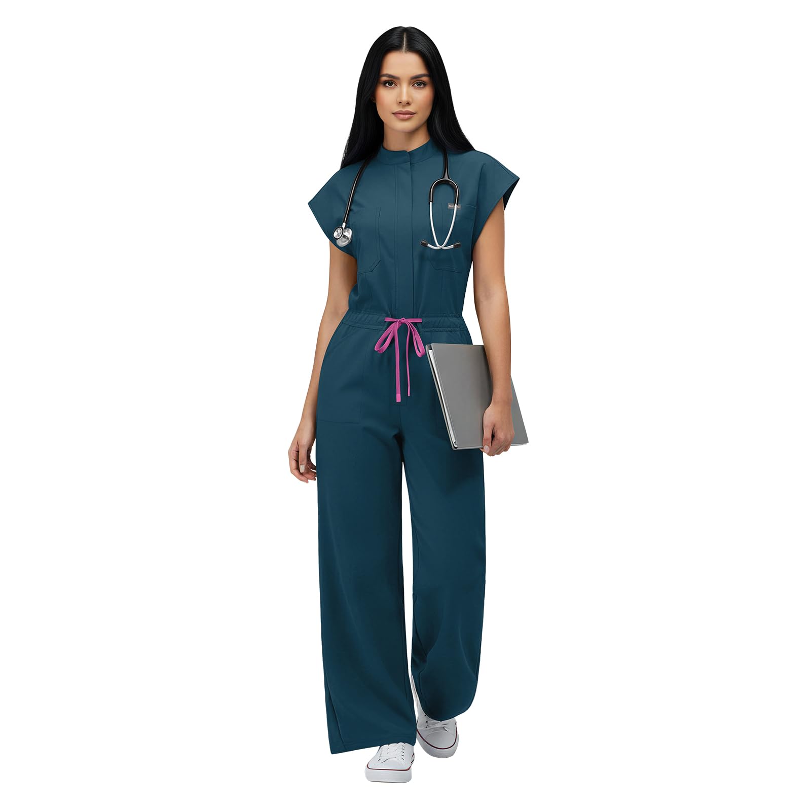 VIAOLI One-Piece Medical Scrub Jumpsuit for Women, Nursing Uniform with Hidden Zipper Front, Elastic Drawstring Waist