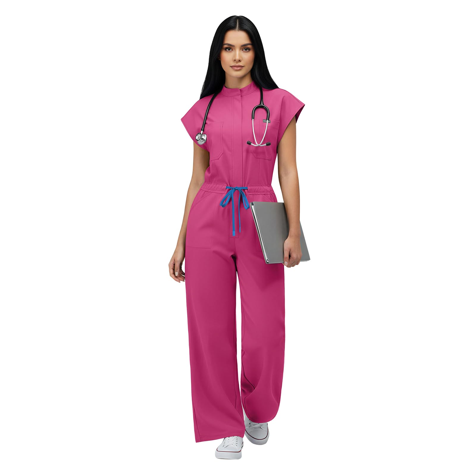 VIAOLI One-Piece Medical Scrub Jumpsuit for Women, Nursing Uniform with Hidden Zipper Front, Elastic Drawstring Waist