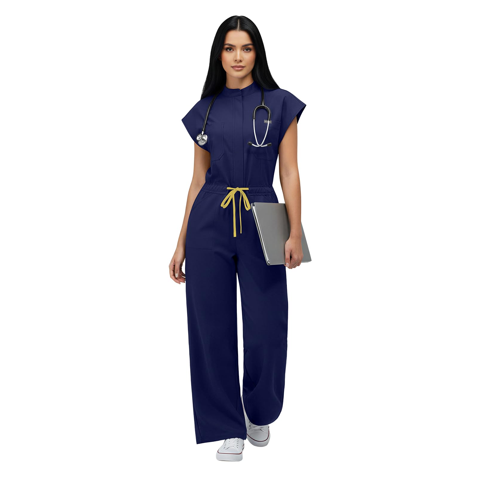 VIAOLI One-Piece Medical Scrub Jumpsuit for Women, Nursing Uniform with Hidden Zipper Front, Elastic Drawstring Waist