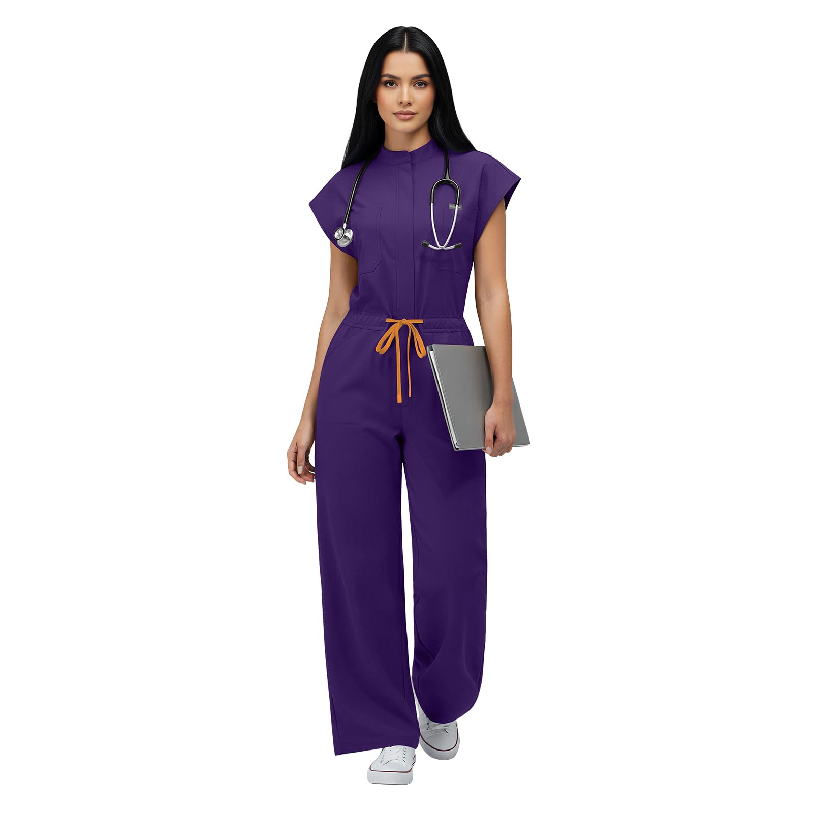 VIAOLI One-Piece Medical Scrub Jumpsuit for Women, Nursing Uniform with Hidden Zipper Front, Elastic Drawstring Waist