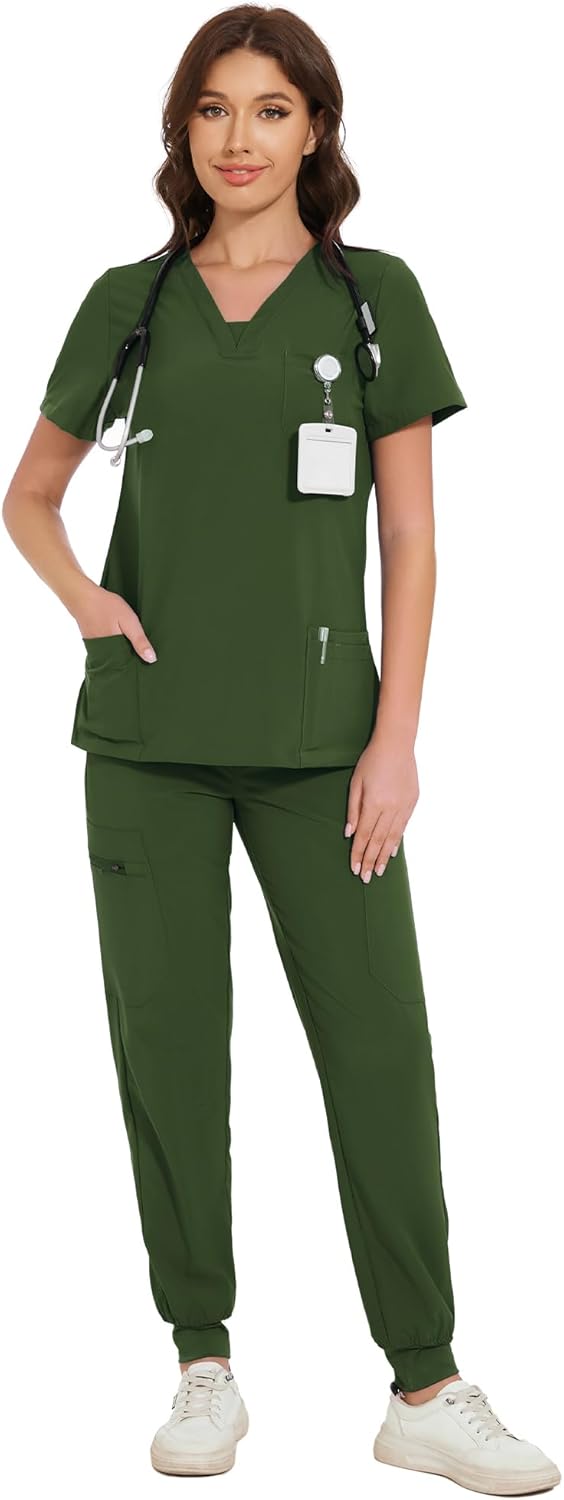 COZYFIT Scrubs for Women - V-Neck Top & Cargo Pants Scrubs Set with 10 Pockets