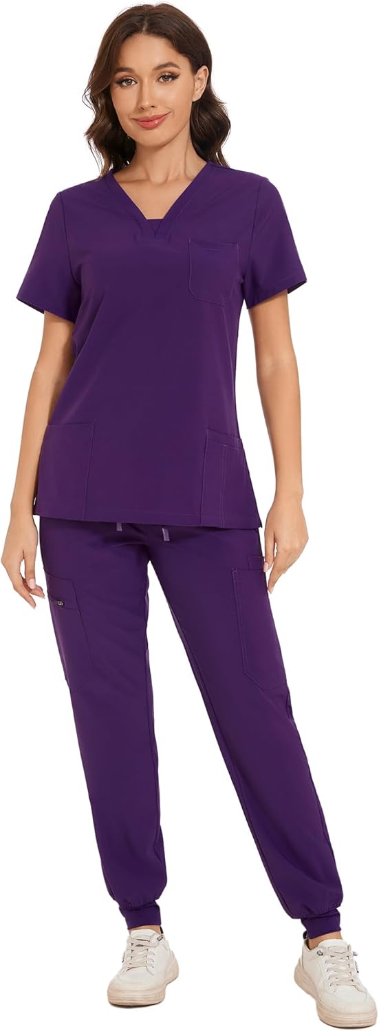 COZYFIT Scrubs for Women - V-Neck Top & Cargo Pants Scrubs Set with 10 Pockets