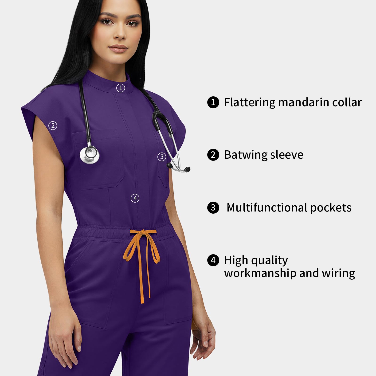 VIAOLI One-Piece Medical Scrub Jumpsuit for Women, Nursing Uniform with Hidden Zipper Front, Elastic Drawstring Waist