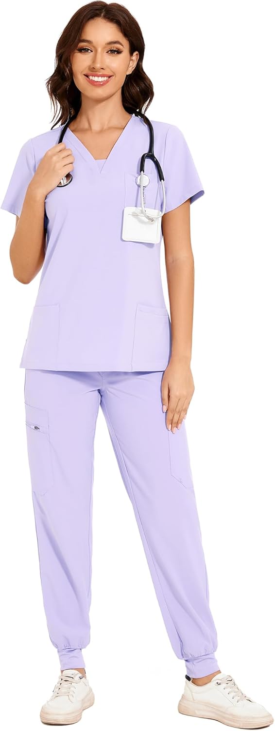 COZYFIT Scrubs for Women - V-Neck Top & Cargo Pants Scrubs Set with 10 Pockets