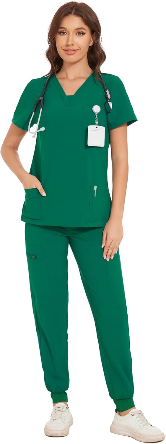 COZYFIT Scrubs for Women - V-Neck Top & Cargo Pants Scrubs Set with 10 Pockets