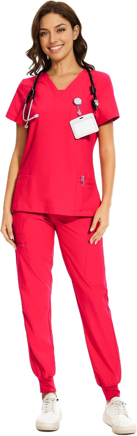 COZYFIT Scrubs for Women - V-Neck Top & Cargo Pants Scrubs Set with 10 Pockets