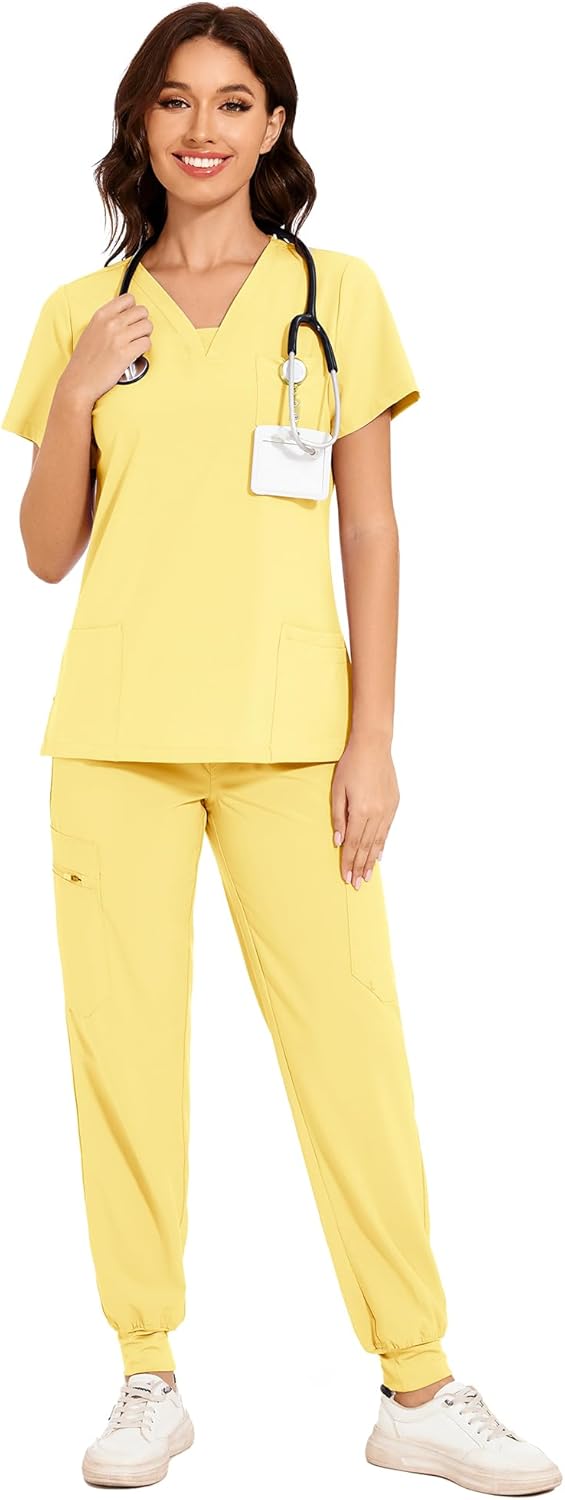 COZYFIT Scrubs for Women - V-Neck Top & Cargo Pants Scrubs Set with 10 Pockets