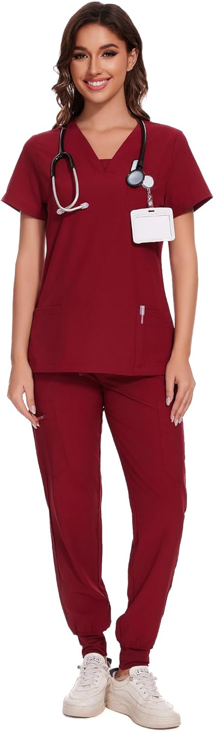 COZYFIT Scrubs for Women - V-Neck Top & Cargo Pants Scrubs Set with 10 Pockets