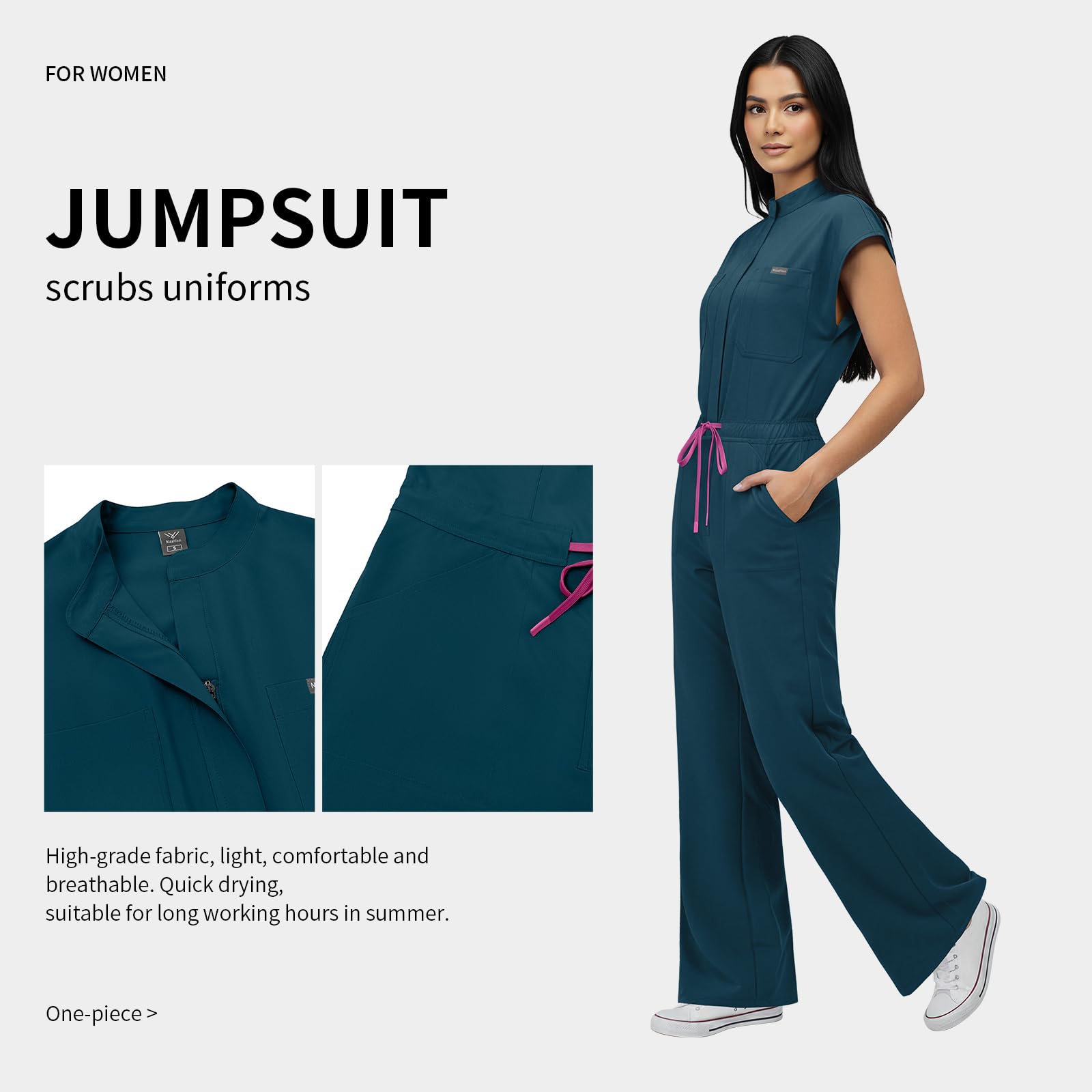 VIAOLI One-Piece Medical Scrub Jumpsuit for Women, Nursing Uniform with Hidden Zipper Front, Elastic Drawstring Waist