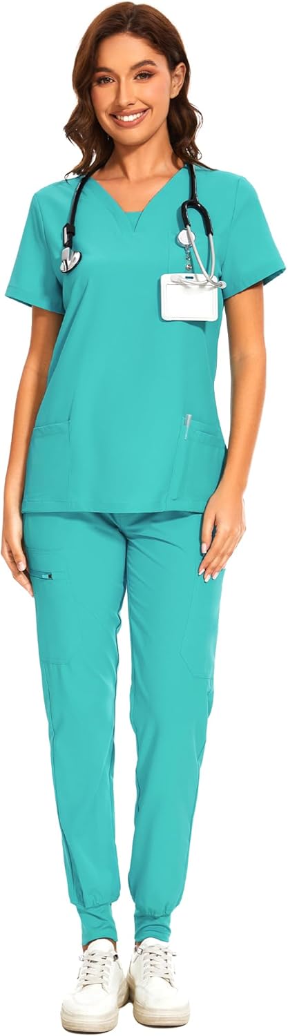 COZYFIT Scrubs for Women - V-Neck Top & Cargo Pants Scrubs Set with 10 Pockets