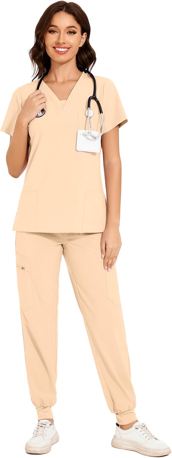 COZYFIT Scrubs for Women - V-Neck Top & Cargo Pants Scrubs Set with 10 Pockets