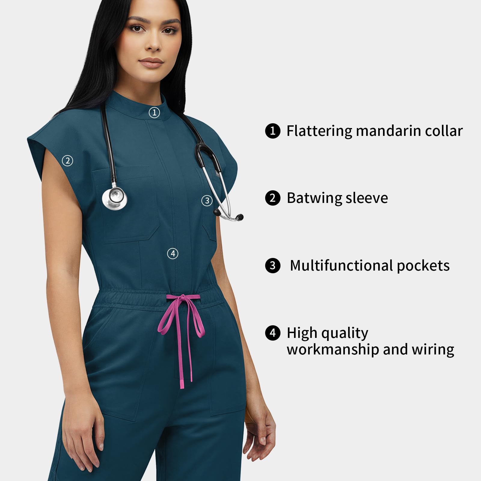 VIAOLI One-Piece Medical Scrub Jumpsuit for Women, Nursing Uniform with Hidden Zipper Front, Elastic Drawstring Waist