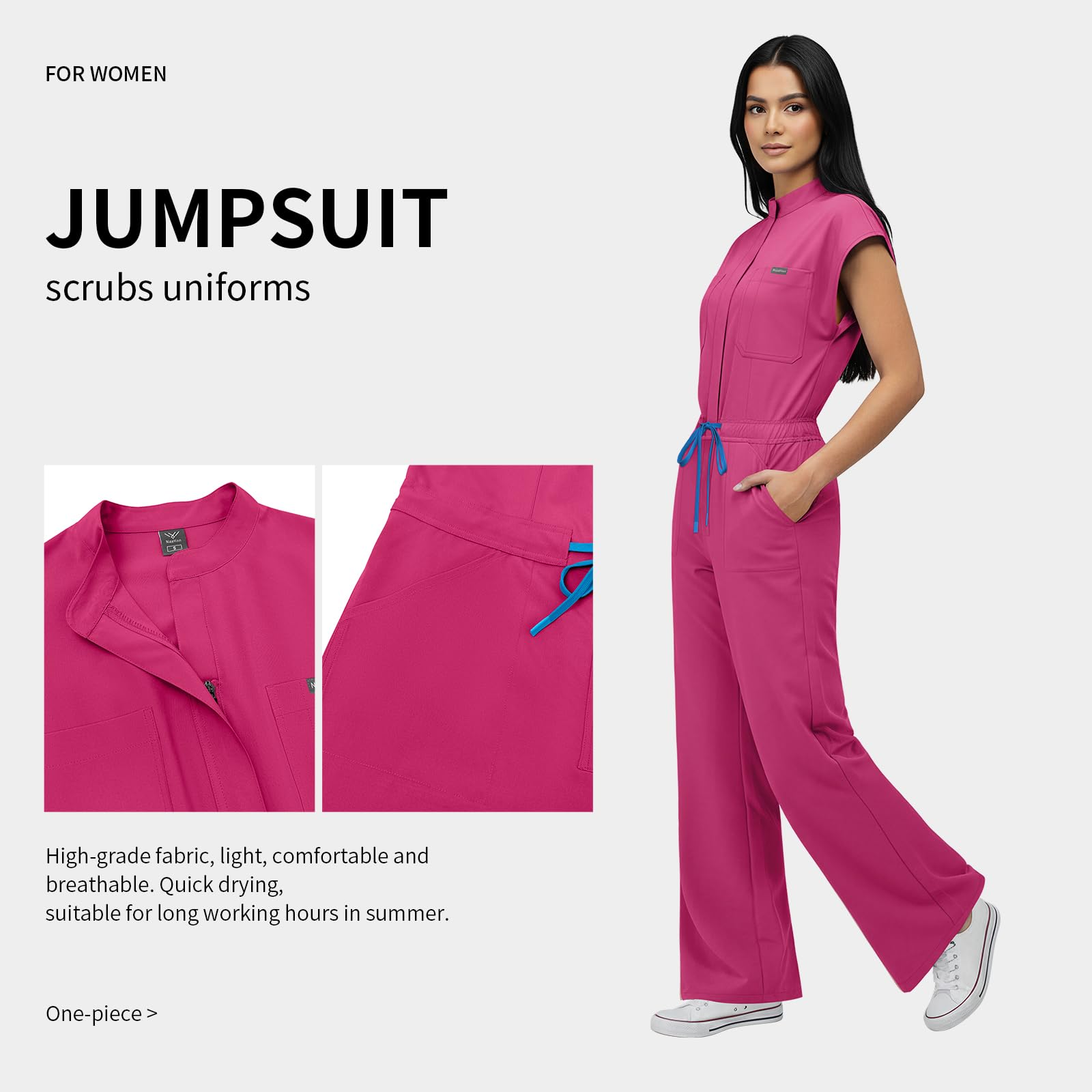 VIAOLI One-Piece Medical Scrub Jumpsuit for Women, Nursing Uniform with Hidden Zipper Front, Elastic Drawstring Waist