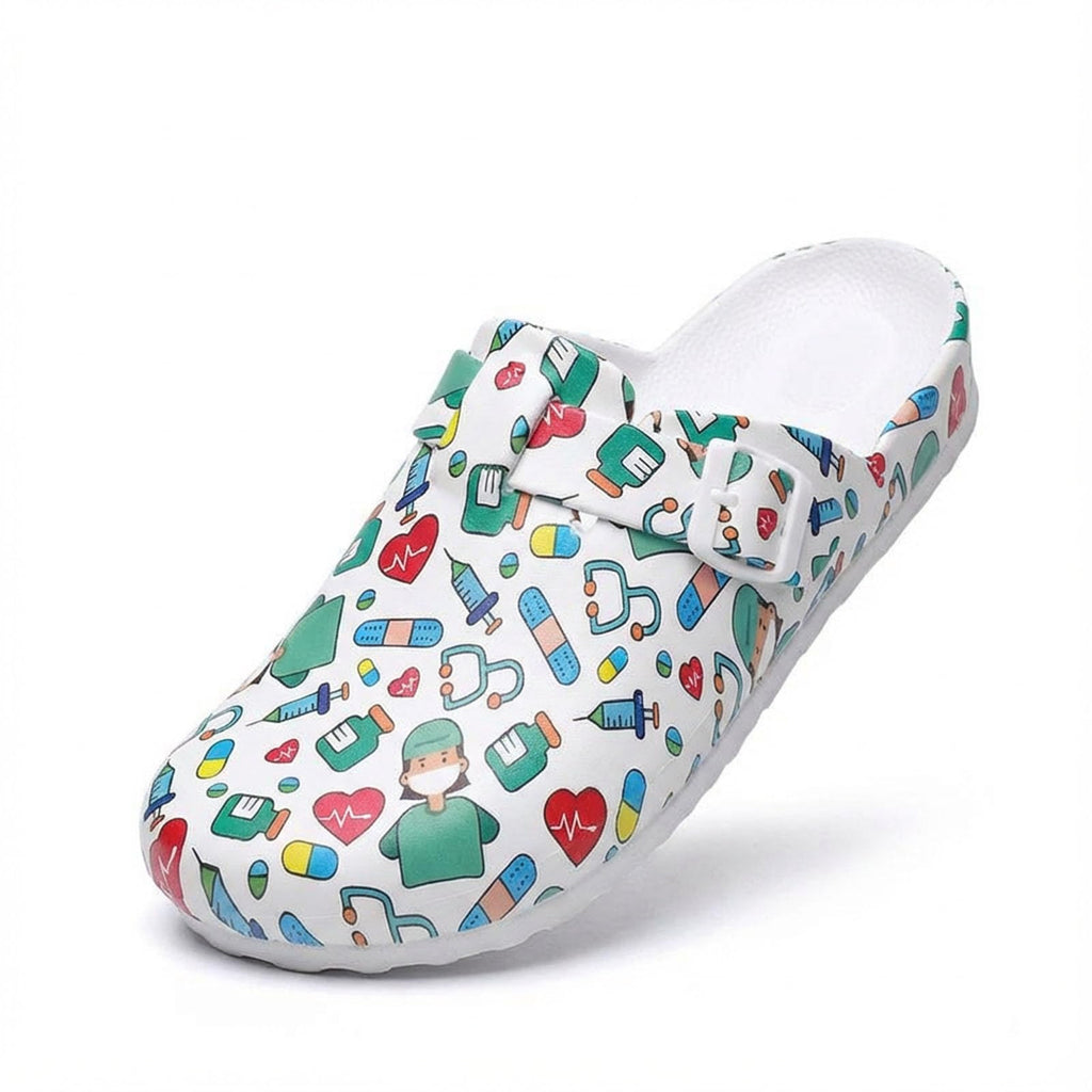 SECHRITE Womens Work Clogs Arch Support Slip-On Mules Slip Resistant Garden Nurse Chef Kitchen Shoes Cushioned Printed Sandals Slippers