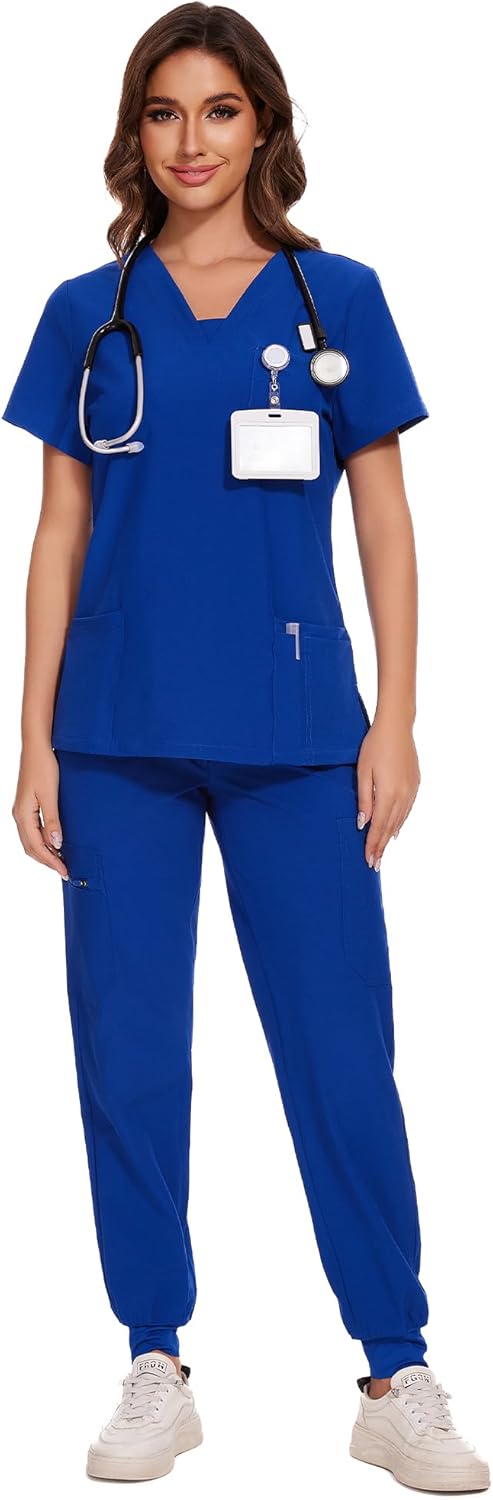COZYFIT Scrubs for Women - V-Neck Top & Cargo Pants Scrubs Set with 10 Pockets