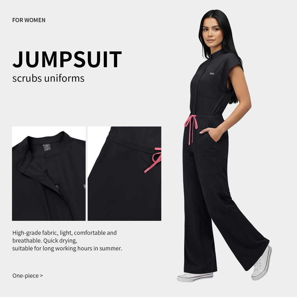 VIAOLI One-Piece Medical Scrub Jumpsuit for Women, Nursing Uniform with Hidden Zipper Front, Elastic Drawstring Waist