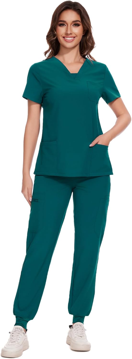 COZYFIT Scrubs for Women - V-Neck Top & Cargo Pants Scrubs Set with 10 Pockets