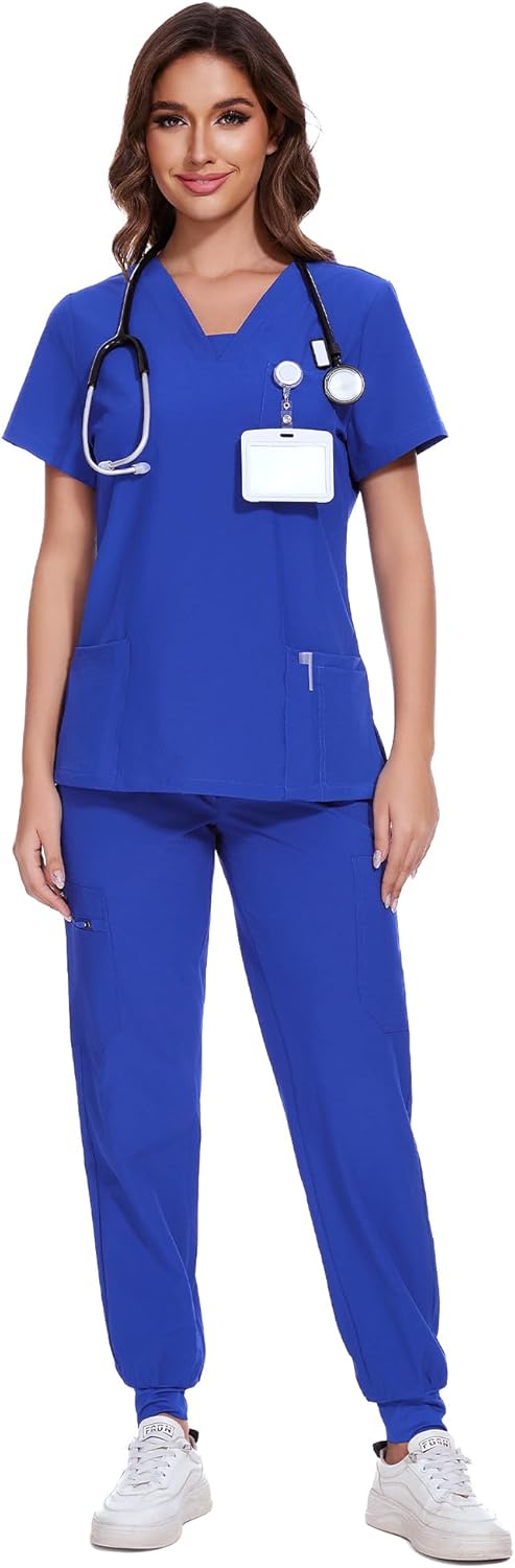 COZYFIT Scrubs for Women - V-Neck Top & Cargo Pants Scrubs Set with 10 Pockets