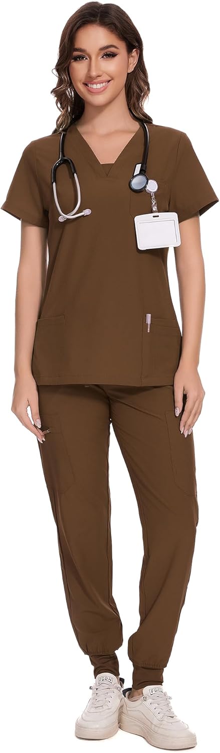 COZYFIT Scrubs for Women - V-Neck Top & Cargo Pants Scrubs Set with 10 Pockets