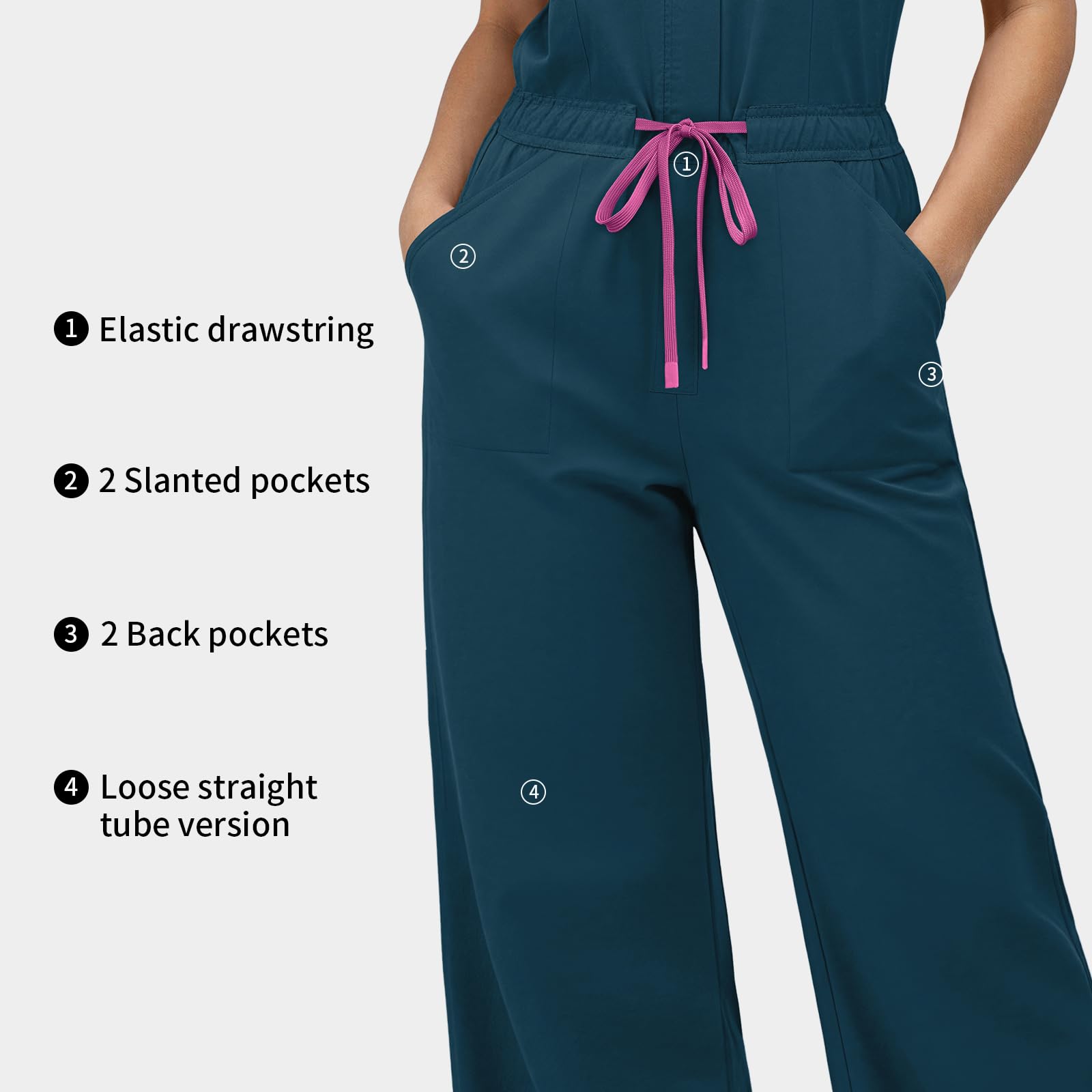 VIAOLI One-Piece Medical Scrub Jumpsuit for Women, Nursing Uniform with Hidden Zipper Front, Elastic Drawstring Waist