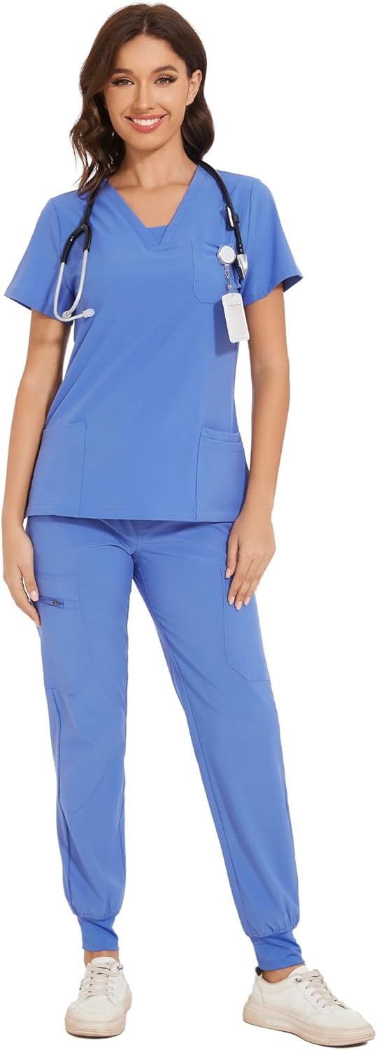 COZYFIT Scrubs for Women - V-Neck Top & Cargo Pants Scrubs Set with 10 Pockets