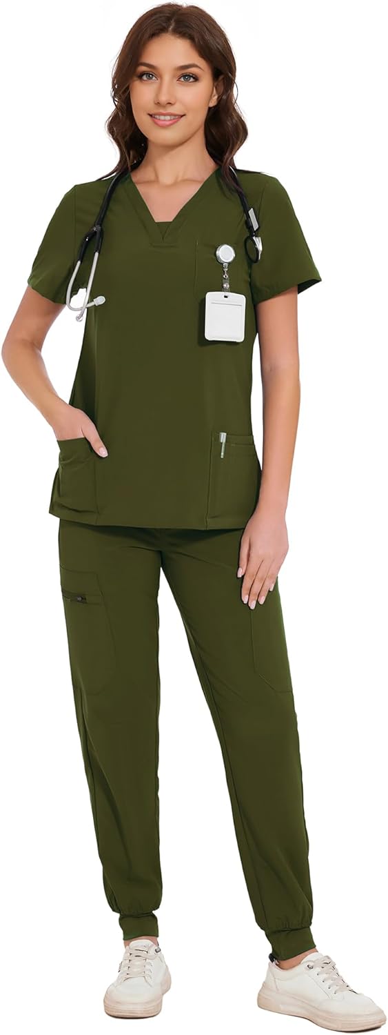 COZYFIT Scrubs for Women - V-Neck Top & Cargo Pants Scrubs Set with 10 Pockets