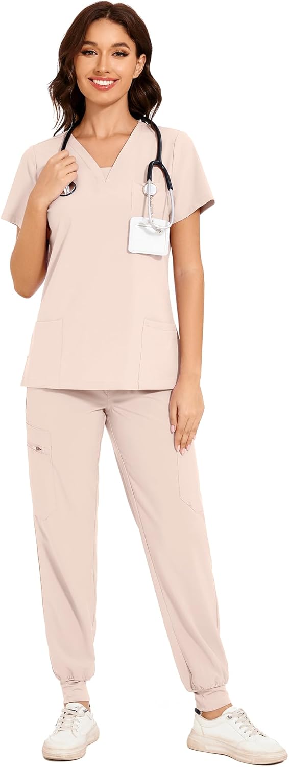COZYFIT Scrubs for Women - V-Neck Top & Cargo Pants Scrubs Set with 10 Pockets