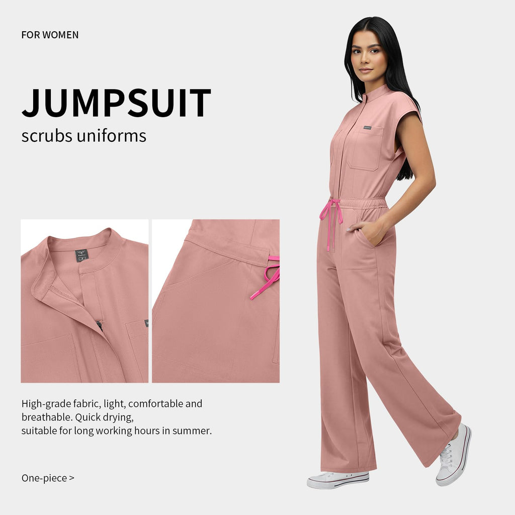VIAOLI One-Piece Medical Scrub Jumpsuit for Women, Nursing Uniform with Hidden Zipper Front, Elastic Drawstring Waist