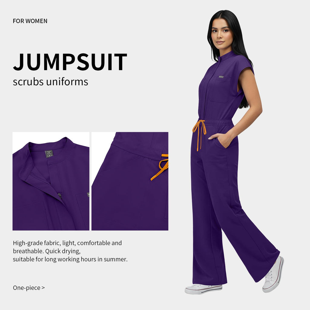 VIAOLI One-Piece Medical Scrub Jumpsuit for Women, Nursing Uniform with Hidden Zipper Front, Elastic Drawstring Waist
