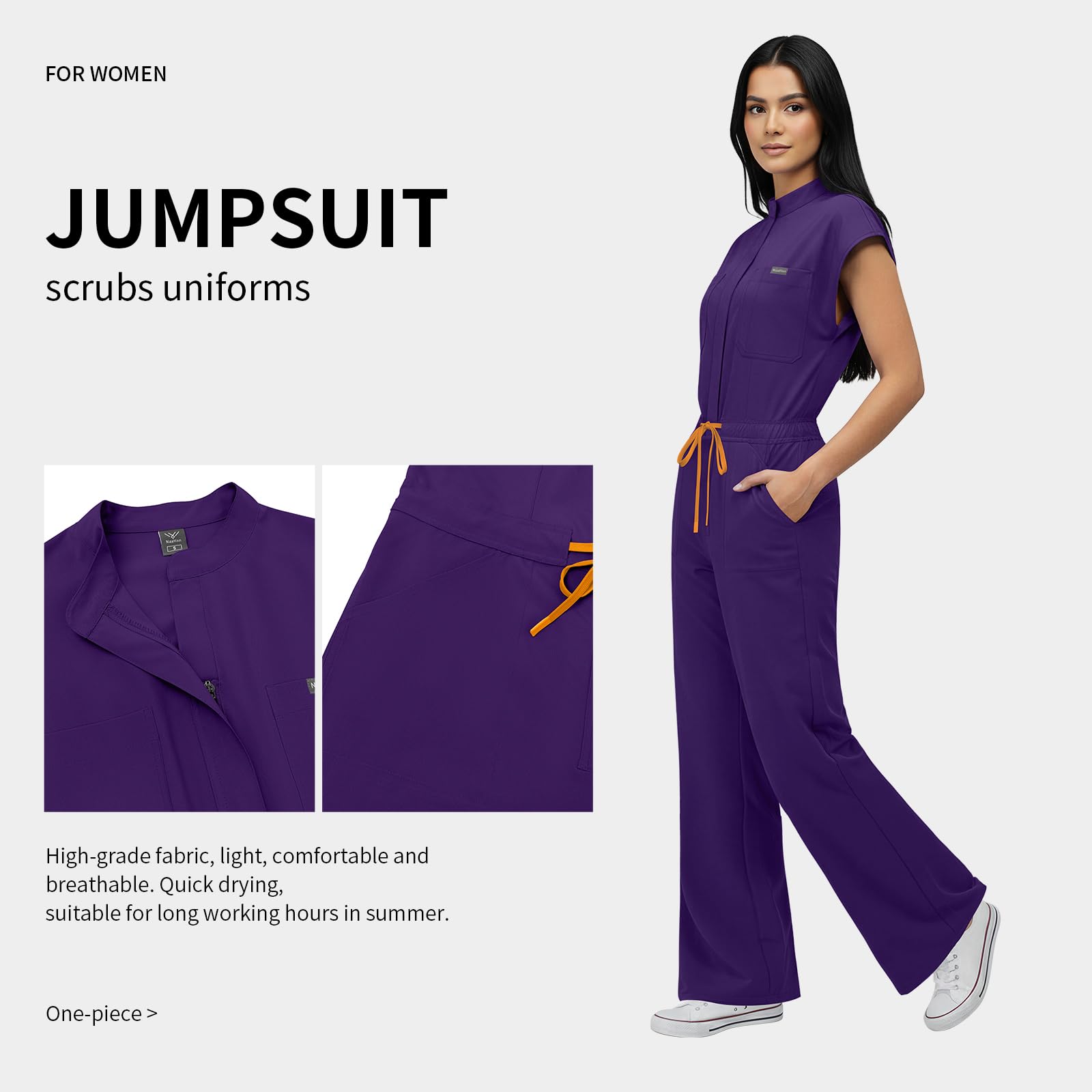 VIAOLI One-Piece Medical Scrub Jumpsuit for Women, Nursing Uniform with Hidden Zipper Front, Elastic Drawstring Waist