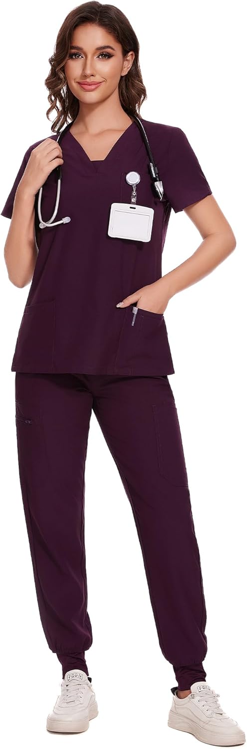 COZYFIT Scrubs for Women - V-Neck Top & Cargo Pants Scrubs Set with 10 Pockets