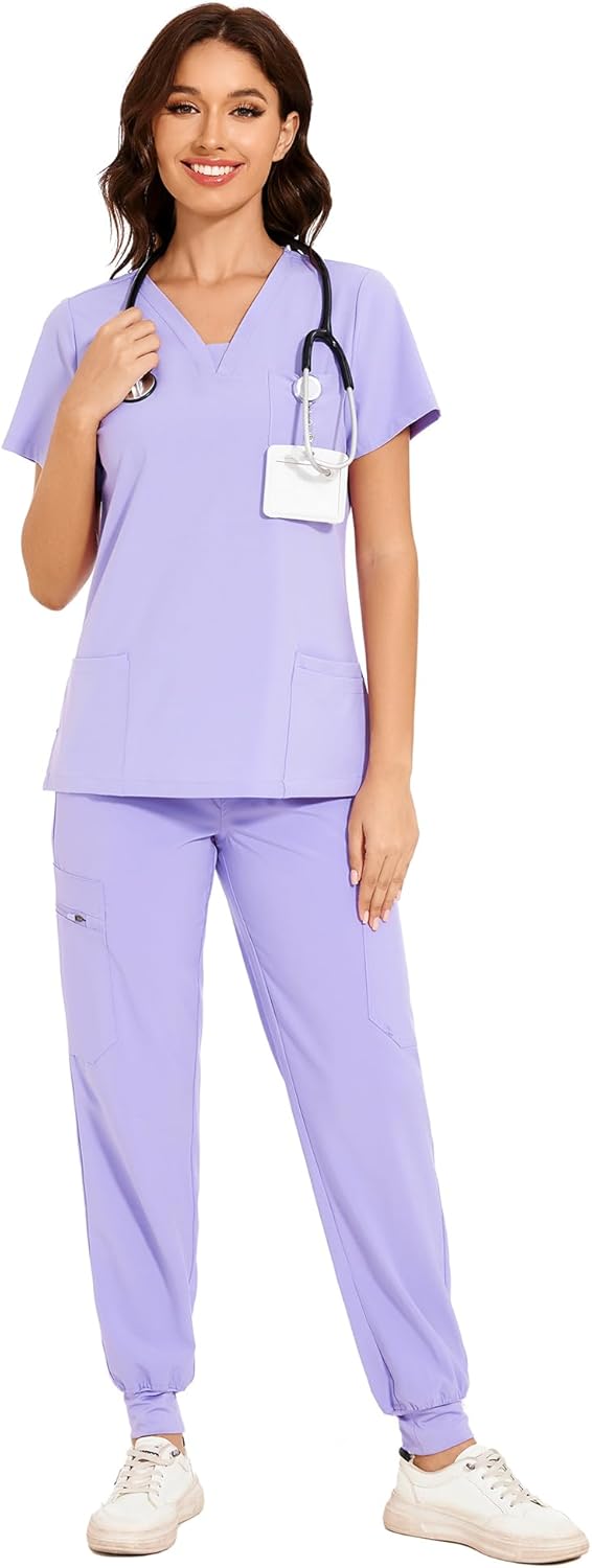 COZYFIT Scrubs for Women - V-Neck Top & Cargo Pants Scrubs Set with 10 Pockets