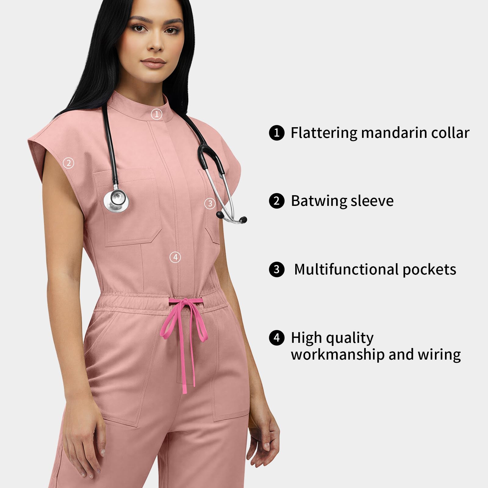 VIAOLI One-Piece Medical Scrub Jumpsuit for Women, Nursing Uniform with Hidden Zipper Front, Elastic Drawstring Waist