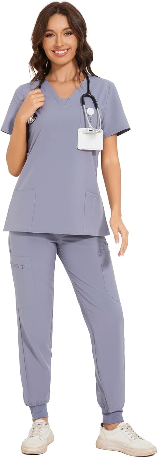 COZYFIT Scrubs for Women - V-Neck Top & Cargo Pants Scrubs Set with 10 Pockets