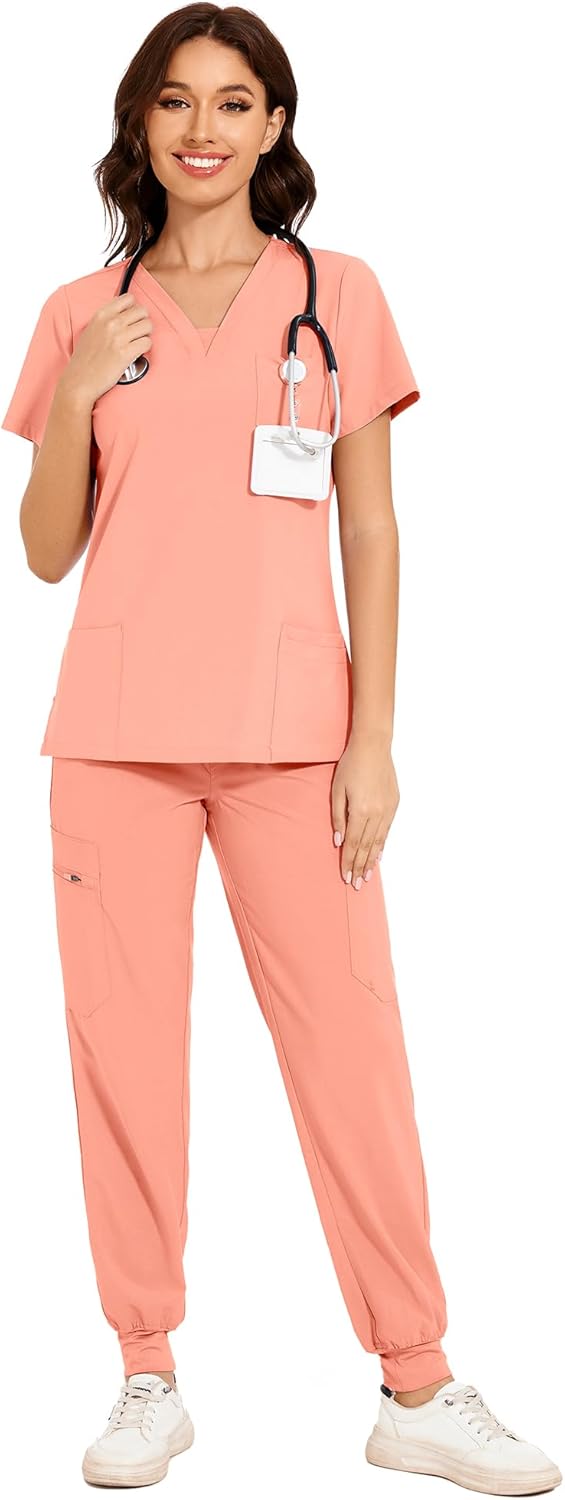 COZYFIT Scrubs for Women - V-Neck Top & Cargo Pants Scrubs Set with 10 Pockets
