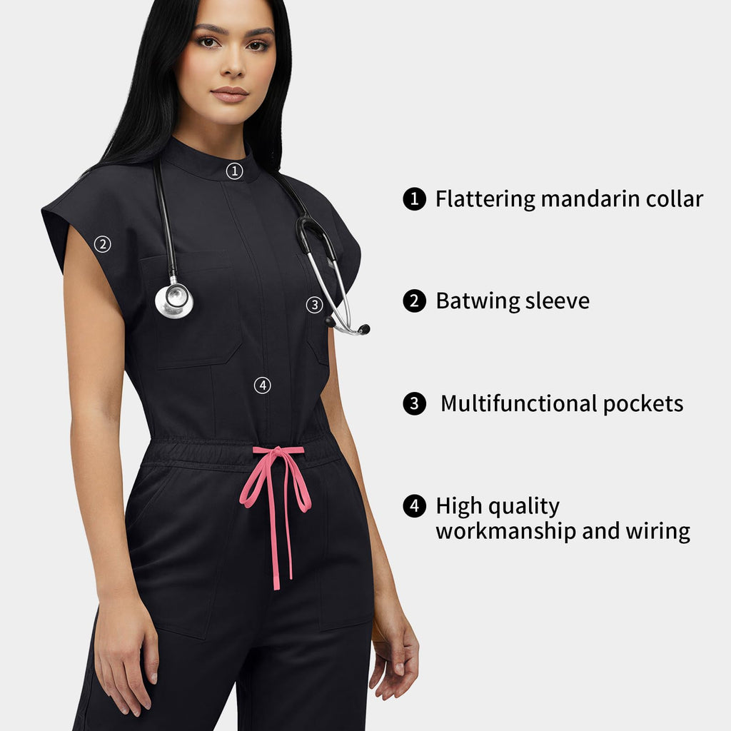 VIAOLI One-Piece Medical Scrub Jumpsuit for Women, Nursing Uniform with Hidden Zipper Front, Elastic Drawstring Waist