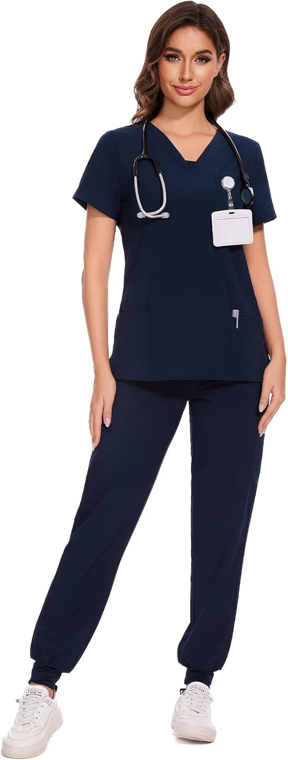 COZYFIT Scrubs for Women - V-Neck Top & Cargo Pants Scrubs Set with 10 Pockets