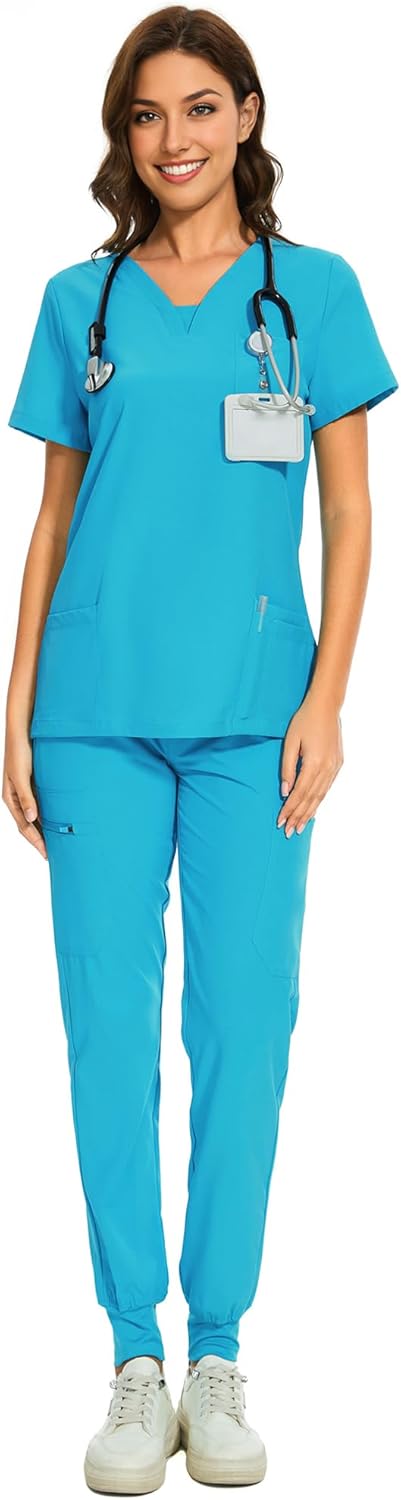 COZYFIT Scrubs for Women - V-Neck Top & Cargo Pants Scrubs Set with 10 Pockets