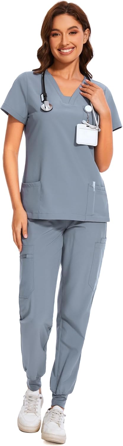 COZYFIT Scrubs for Women - V-Neck Top & Cargo Pants Scrubs Set with 10 Pockets