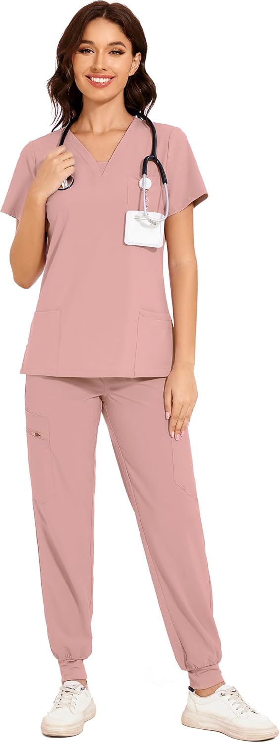 COZYFIT Scrubs for Women - V-Neck Top & Cargo Pants Scrubs Set with 10 Pockets