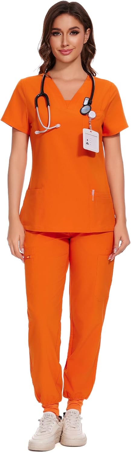 COZYFIT Scrubs for Women - V-Neck Top & Cargo Pants Scrubs Set with 10 Pockets