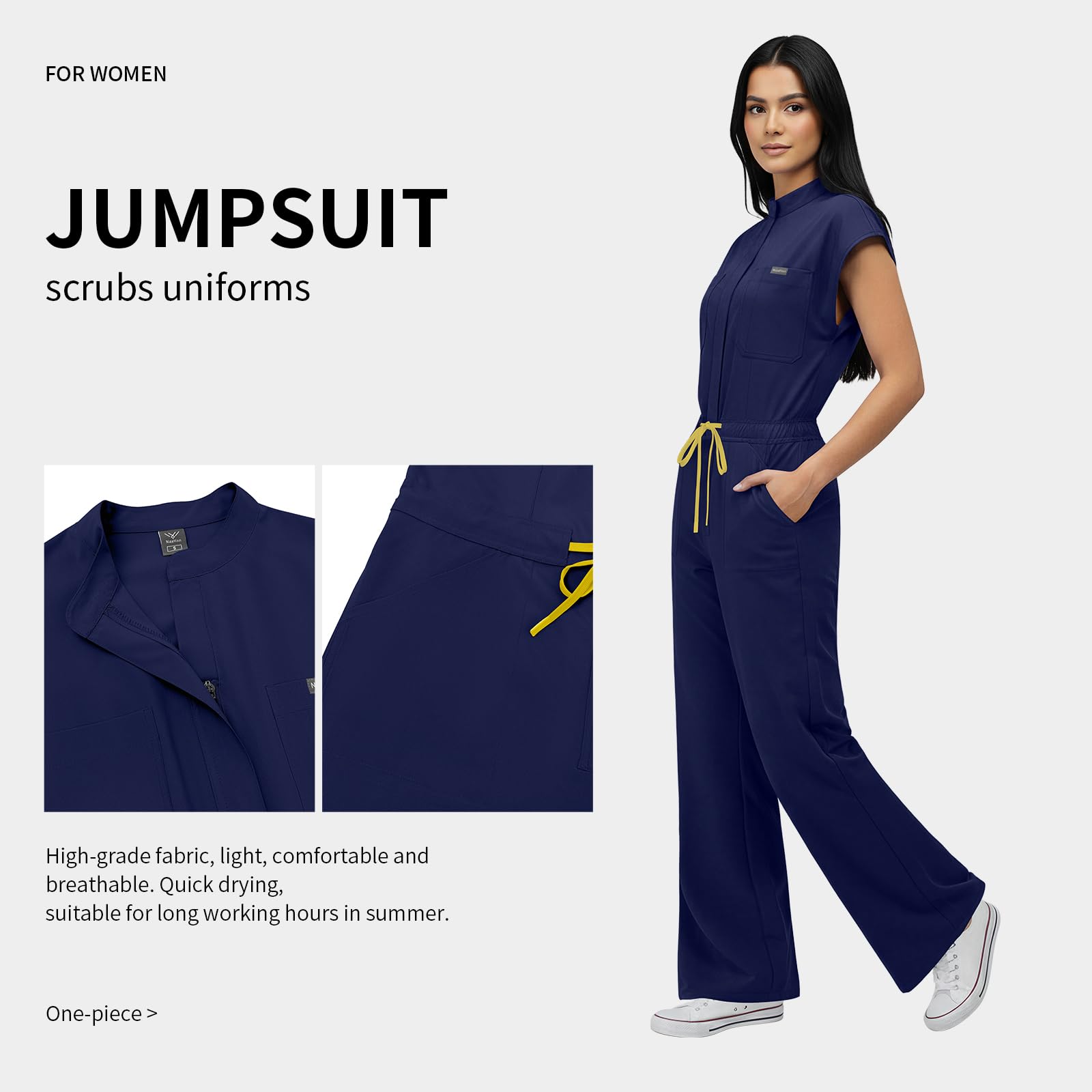 VIAOLI One-Piece Medical Scrub Jumpsuit for Women, Nursing Uniform with Hidden Zipper Front, Elastic Drawstring Waist