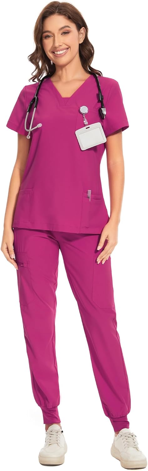 COZYFIT Scrubs for Women - V-Neck Top & Cargo Pants Scrubs Set with 10 Pockets
