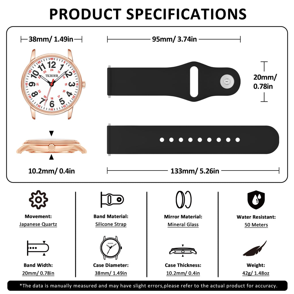 TKIIOER Nurse Watch for Nurse Medical Professionals Students Women Men, 50M Waterproof 12/24 Hour Military Time Luminous Easy Read Dial, Second Hand Watch for Nursing