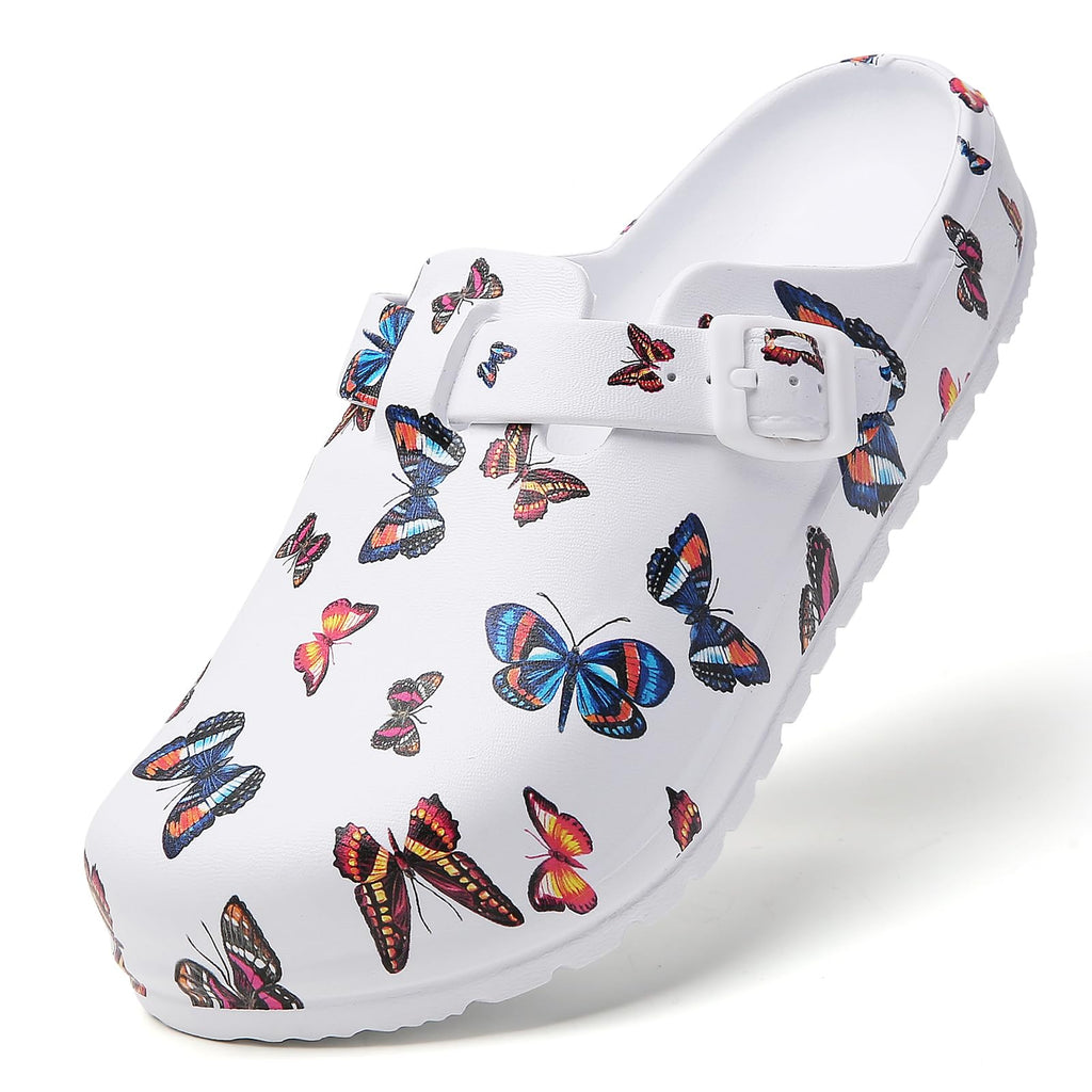 SECHRITE Womens Work Clogs Arch Support Slip-On Mules Slip Resistant Garden Nurse Chef Kitchen Shoes Cushioned Printed Sandals Slippers