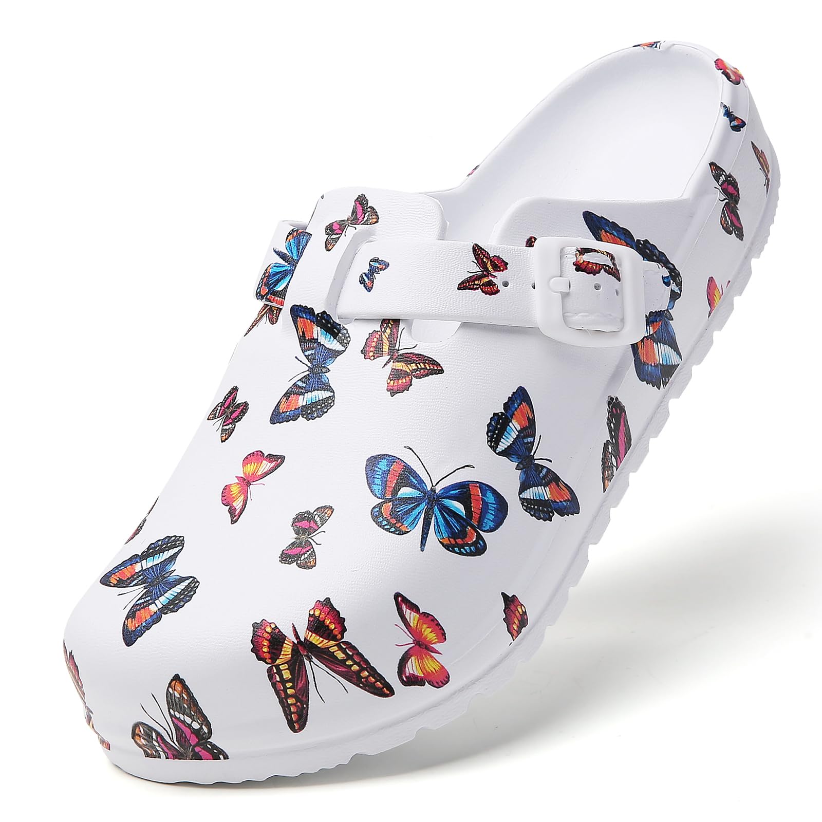 SECHRITE Womens Work Clogs Arch Support Slip-On Mules Slip Resistant Garden Nurse Chef Kitchen Shoes Cushioned Printed Sandals Slippers
