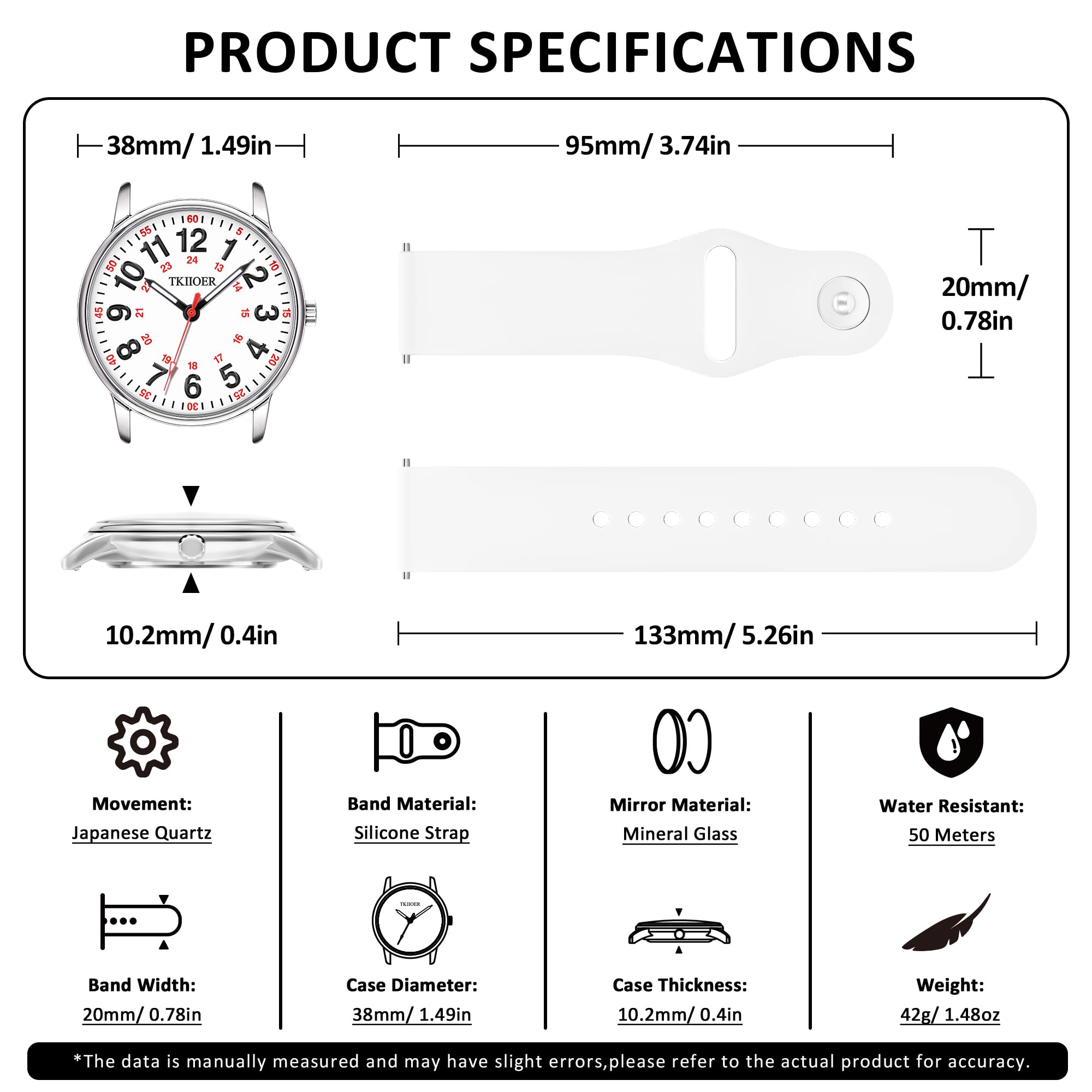 TKIIOER Nurse Watch for Nurse Medical Professionals Students Women Men, 50M Waterproof 12/24 Hour Military Time Luminous Easy Read Dial, Second Hand Watch for Nursing