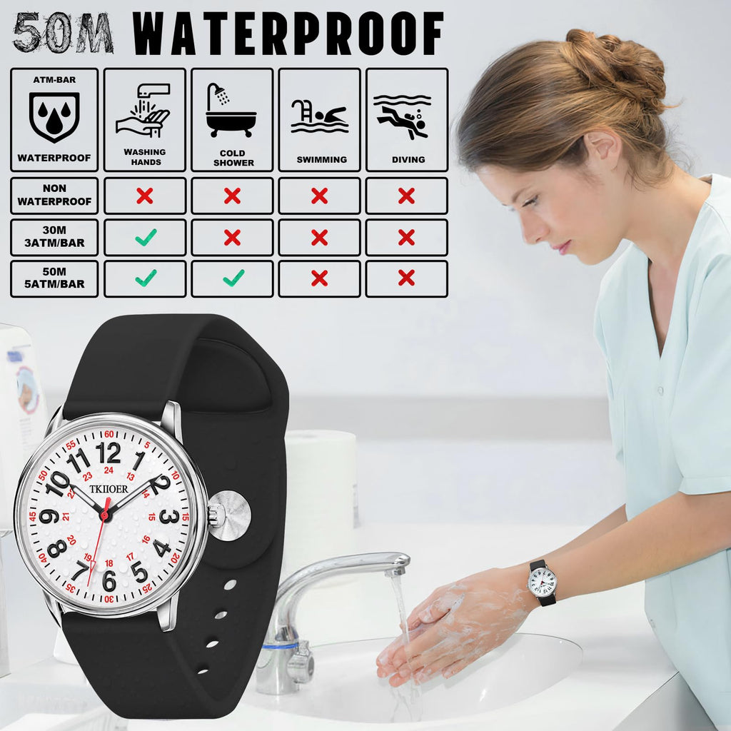 TKIIOER Nurse Watch for Nurse Medical Professionals Students Women Men, 50M Waterproof 12/24 Hour Military Time Luminous Easy Read Dial, Second Hand Watch for Nursing